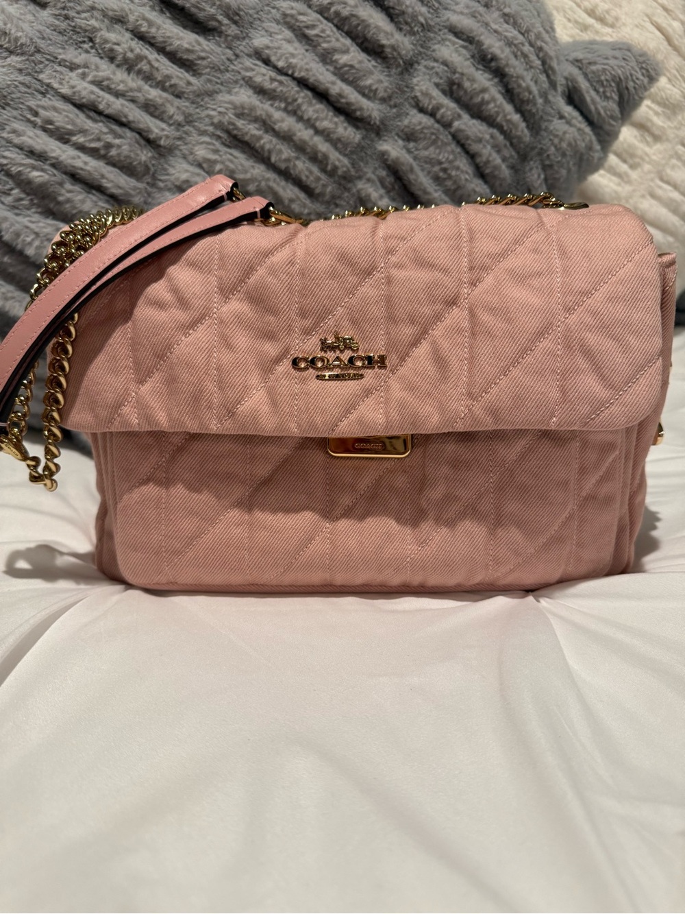 Large Coach Pink Denim Shoulder Bag with Gold Hardware